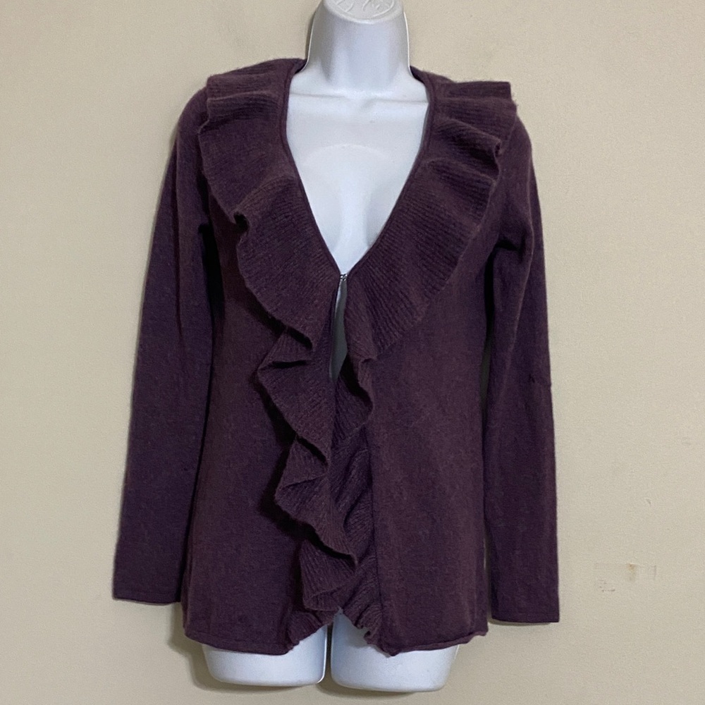 Talbots Deep Purple Ruffled Cardigan women XS cashmere casual soft Y2K goths